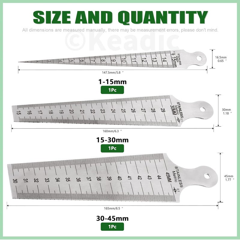 Keadic 3Pcs Stainless Welding Taper Gauge Test Set, 1-15mm/15-30mm/30-45mm Feeler Gage Rulers Gap Hole Inspection Tool Inch & Metric Standard for Size Measurement (1/64”-5/8”, 5/8”-3/16”, 3/16”-3/4”) - Image 2